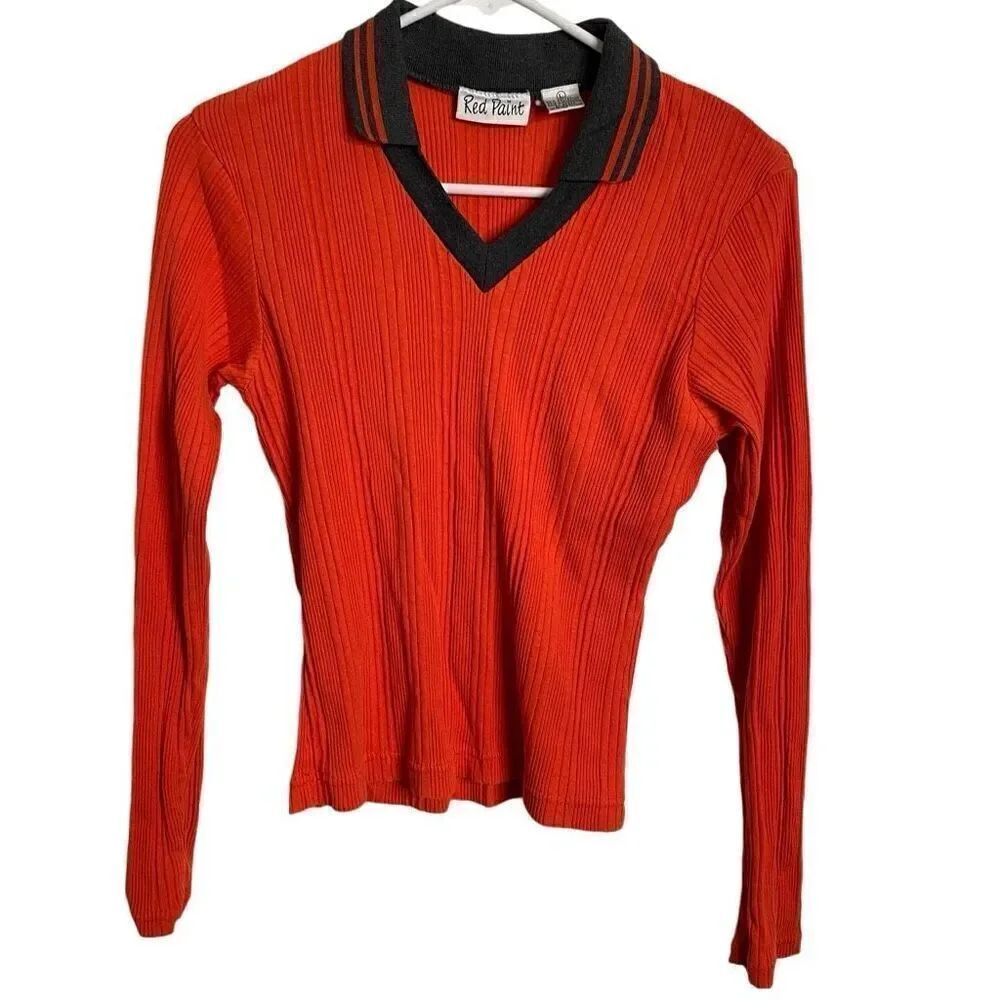 Vintage Y2K Cotton Long Sleeve Blouse L Orange Gray Cropped VNeck Tennis Preppy
